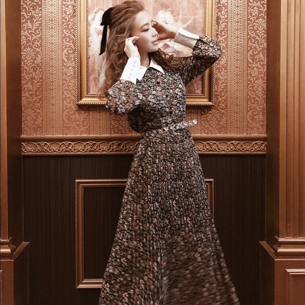 Japanese Pleaded Multicolored Floral Collar Dress
